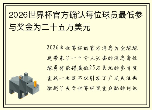 2026世界杯官方确认每位球员最低参与奖金为二十五万美元 2026世界杯官方确认每位球员最低参与奖金为二十五万美元