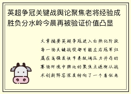 英超争冠关键战舆论聚焦老将经验成胜负分水岭今晨再被验证价值凸显